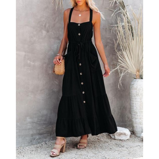 Grapevine Linen Blend Pocketed Maxi Dress - Black